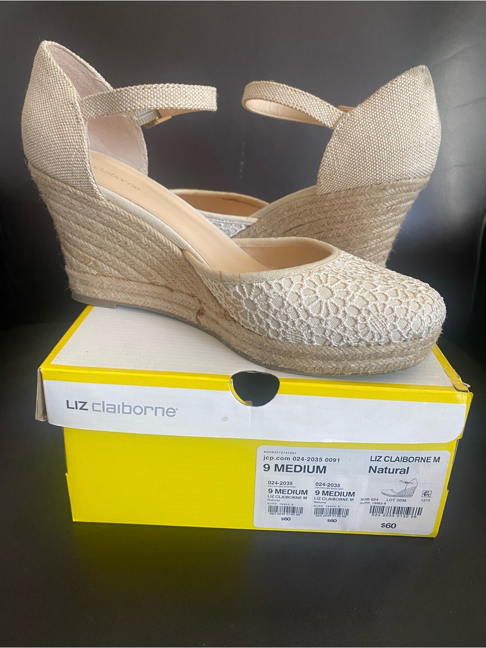 Liz Claiborne Beige Crochet Espadrille Wedge Sandals with Ankle Strap